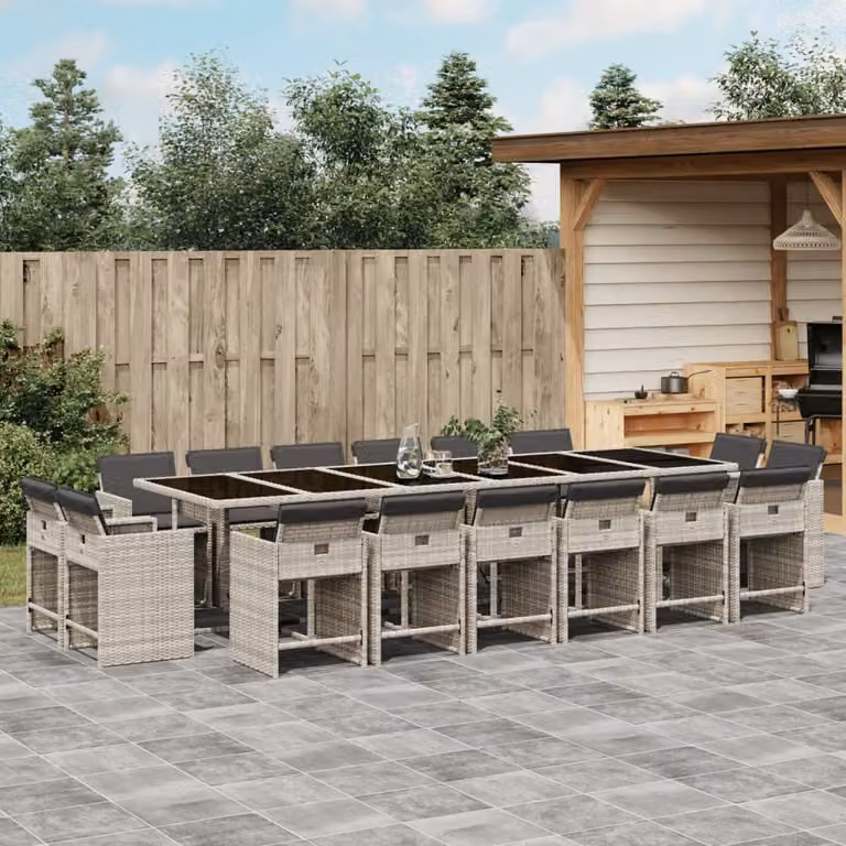 Set da Pranzo da Giardino vidaXL 17pz in Polyrattan con Cuscini e Piano in Vetro Grigio