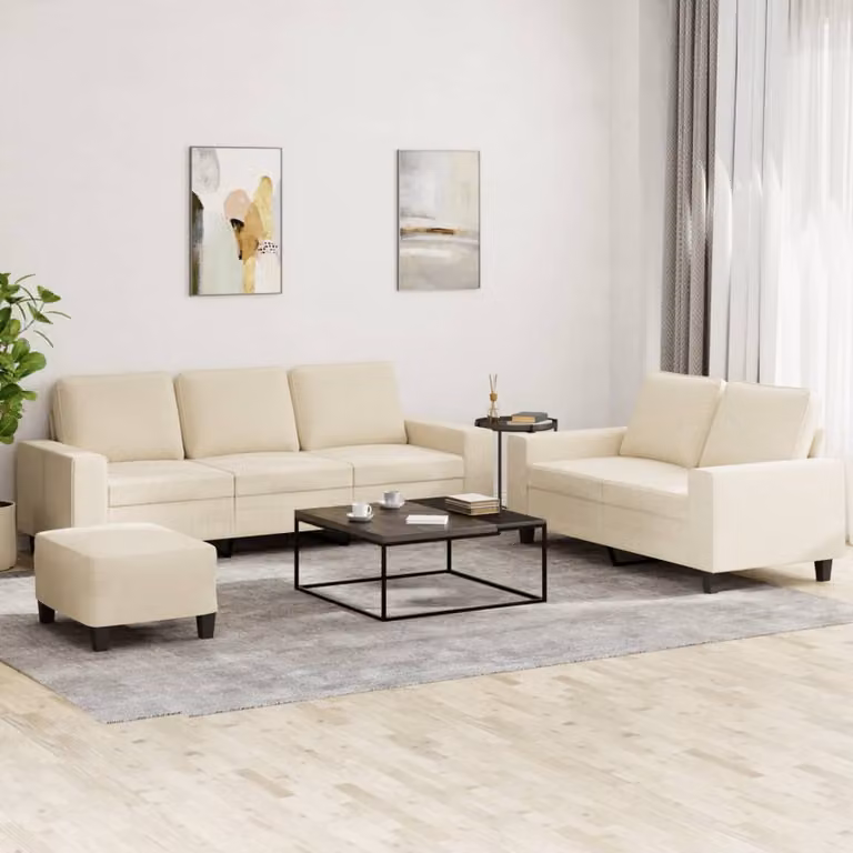 Set di divani vidaXL 3 pezzi beige in tessuto con pouf e cuscini per soggiorno moderno
