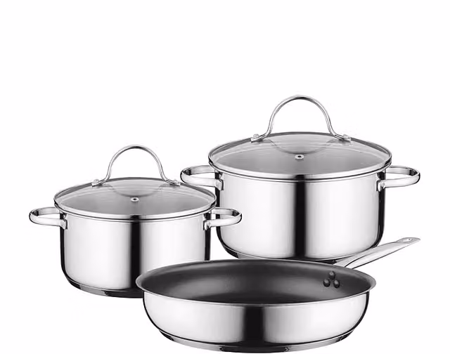 Set di pentole e padelle Bosch HEZ9SE030 in acciaio inox e alluminio con rivestimento antiaderente, colore argento, ideale per induzione e gas