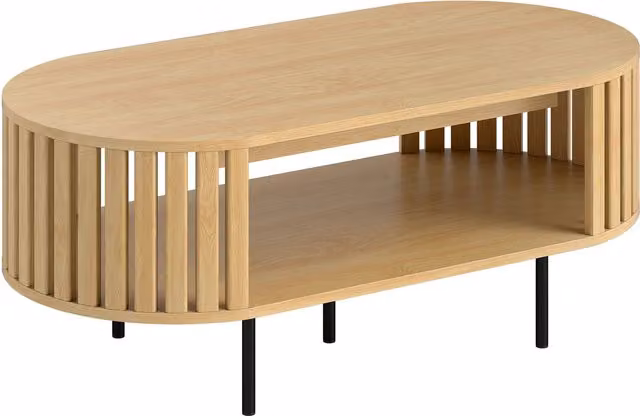 Tavolino ovale HOMCOM con vano contenitore e design a listelli in legno naturale, colore beige e marrone, L: 100 cm, P: 50 cm, H: 40 cm