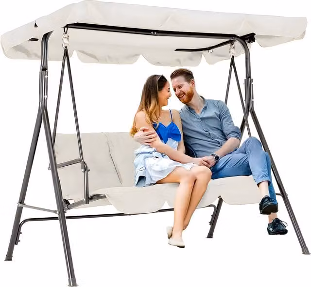 Dondolo da esterno Garden Friend a 3 posti beige con struttura in acciaio e tettoia orientabile