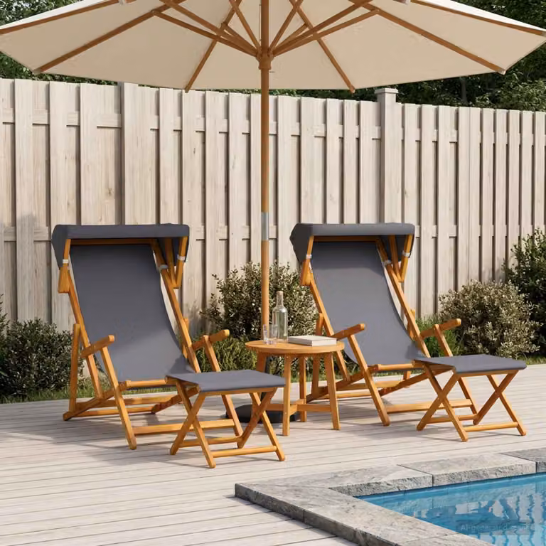 Set di 4 lettini prendisole vidaXL in legno di eucalipto massello oliato con tessuto resistente ai raggi UV grigio e poggiatesta regolabile per giardino e terrazzo