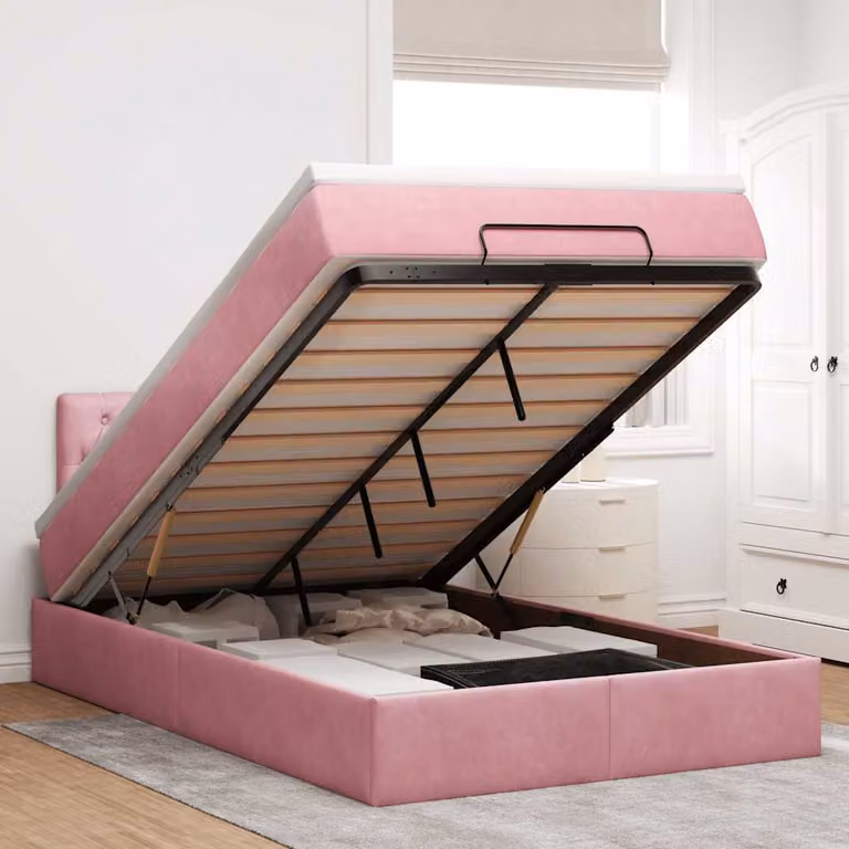vidaXL Struttura Letto con Materasso e Base a Sollevamento in Velluto Rosa e Bianco, L: 120 cm, P: 200 cm, H: 88 cm