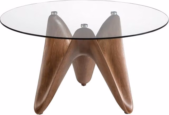 Tavolo da pranzo rotondo Angel Cerda in vetro temperato trasparente e noce con base in legno, Diametro: 140 cm, Altezza: 75 cm