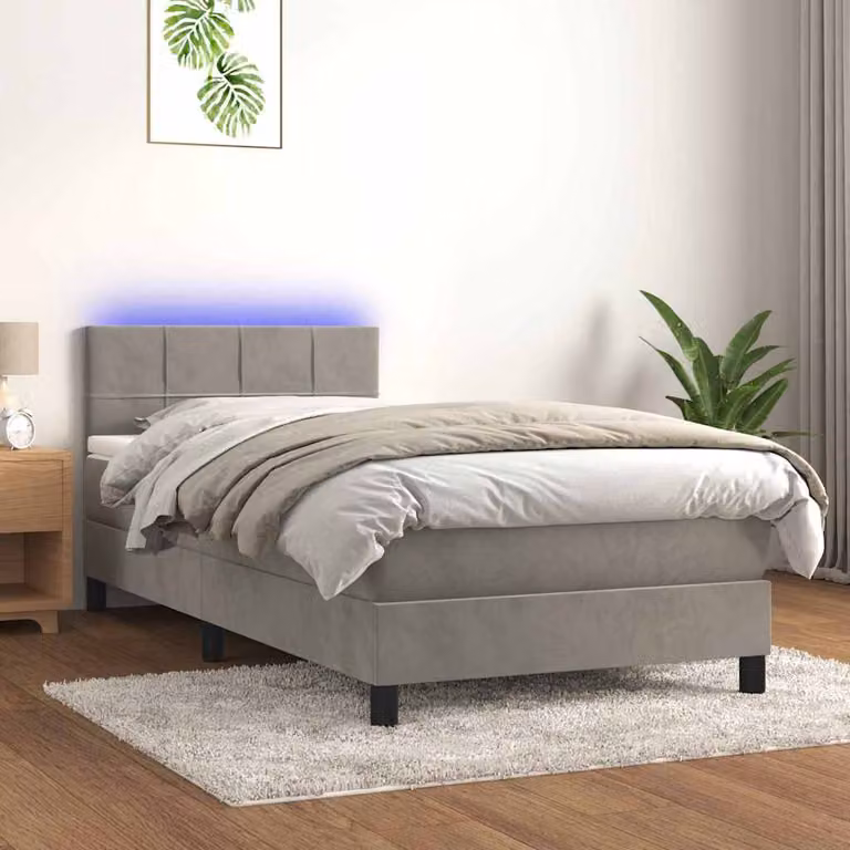 Letto a Molle con Materasso vidaXL in Velluto Grigio Chiaro con Illuminazione LED e Porte USB, L/P: 90 x 200 cm
