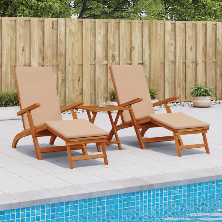 Set di 2 lettini prendisole reclinabili e pieghevoli vidaXL in legno di acacia marrone e beige con poggiatesta regolabile