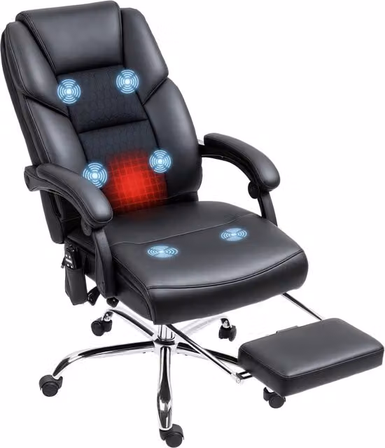 Sedia da Ufficio Executive Minimal con Massaggio e Riscaldamento, Schienale Reclinabile, Poggiapiedi e Riposagliezza, in Pelle PU Nero, L/P/H: 64 x 68 x 121 cm