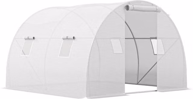 Serra da giardino a tunnel Outsunny con 4 finestre e porta con zip, telaio in acciaio galvanizzato e telo PE bianco, L/P/H: 3 x 3 x 2 m