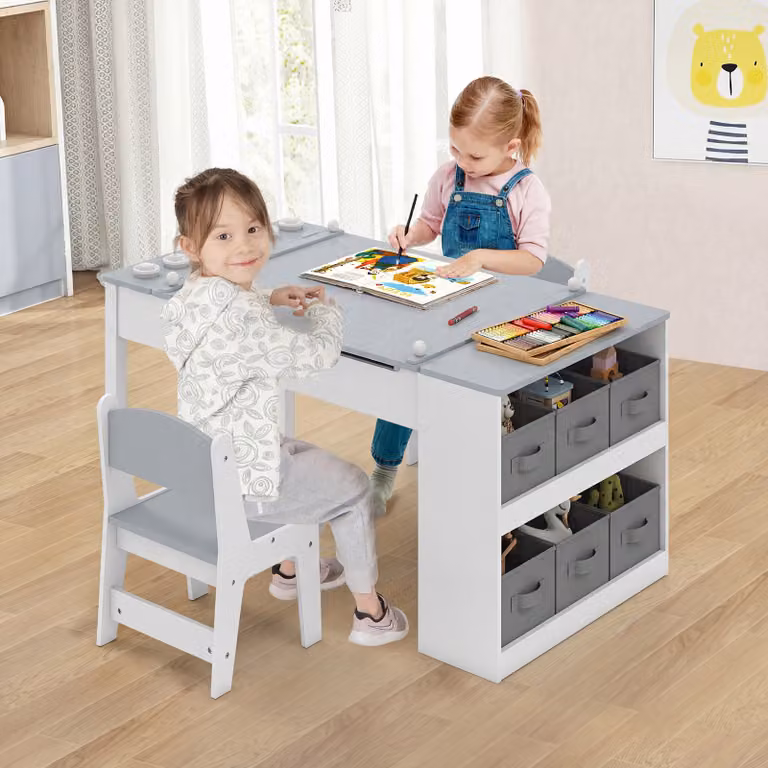 Costway Tavolo multifunzione in legno per bambini con piano inclinabile e rotolo di carta, Set tavolo da disegno e cavalletto Grigio