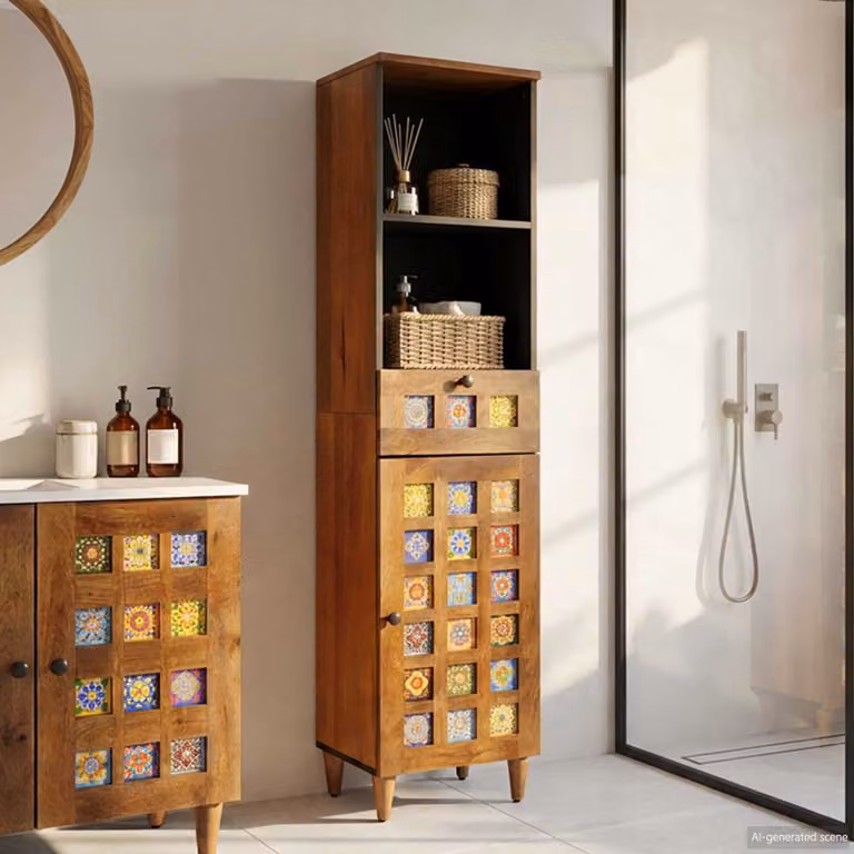 Mobile da bagno moderno vidaXL in legno di mango color noce e nero, L 38 cm x P 33 cm x H 160 cm