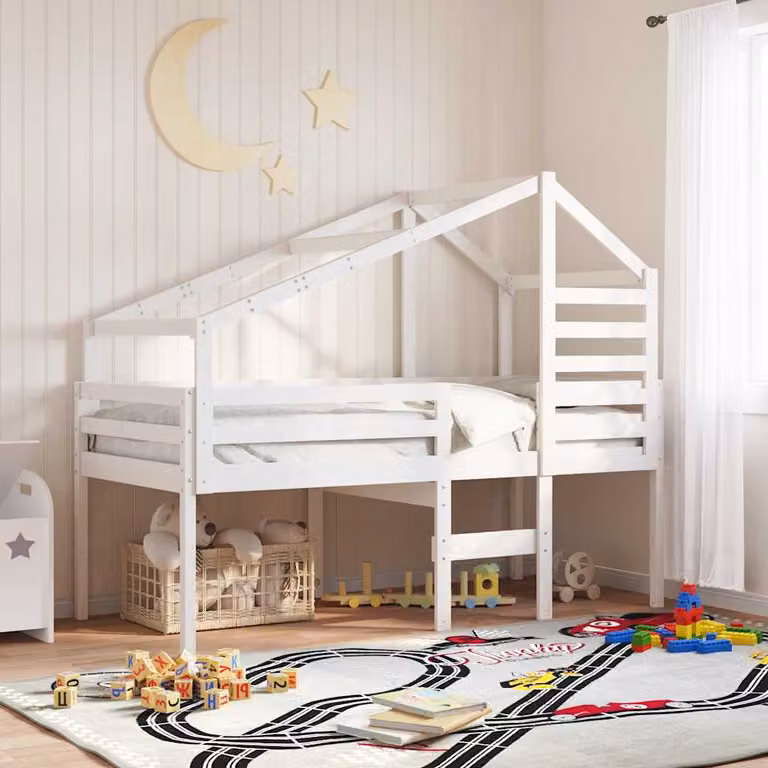 vidaXL Letto a Soppalco per Bambini con Tetto a Casetta in Legno di Pino Bianco L/P/H: 200 x 90 x 175 cm