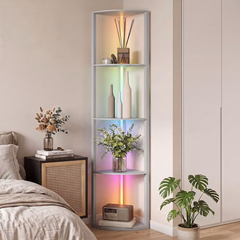 Lampada da terra LED HOMCOM con ripiani, luce RGB dimmerabile e telecomando, Grigio