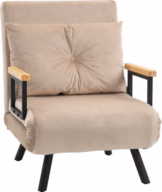Poltrona Letto Singolo HOMCOM in Tessuto Effetto Velluto Beige, Reclinabile in 5 Posizioni con Cuscino Sfoderabile, L/P/H: 73 x 63 x 81 cm