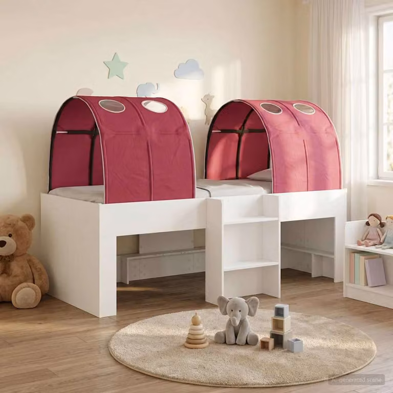 vidaXL Letto Alto per Bambini con Scala e Tunnel, Bianco e Rosso, L: 203 cm, P: 120 cm, H: 111 cm