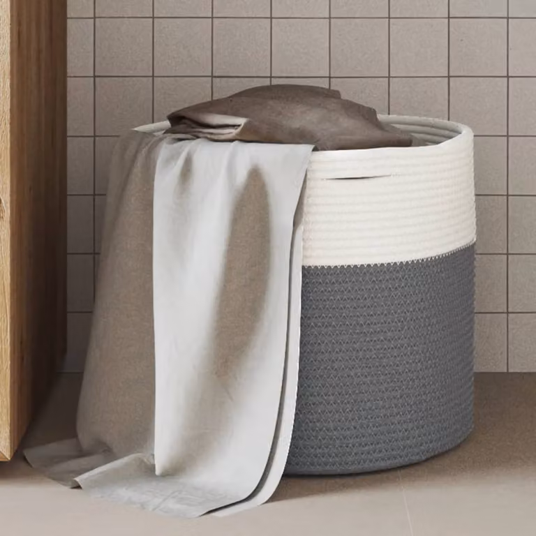 Cestino portaoggetti vidaXL in tessuto multicolore grigio e bianco con maniglie e design a trama aperta, Ø40 x 35 cm