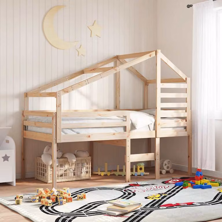 Letto a soppalco con tetto a casetta vidaXL in legno di pino marrone per bambini L/P: 200 x 90 cm