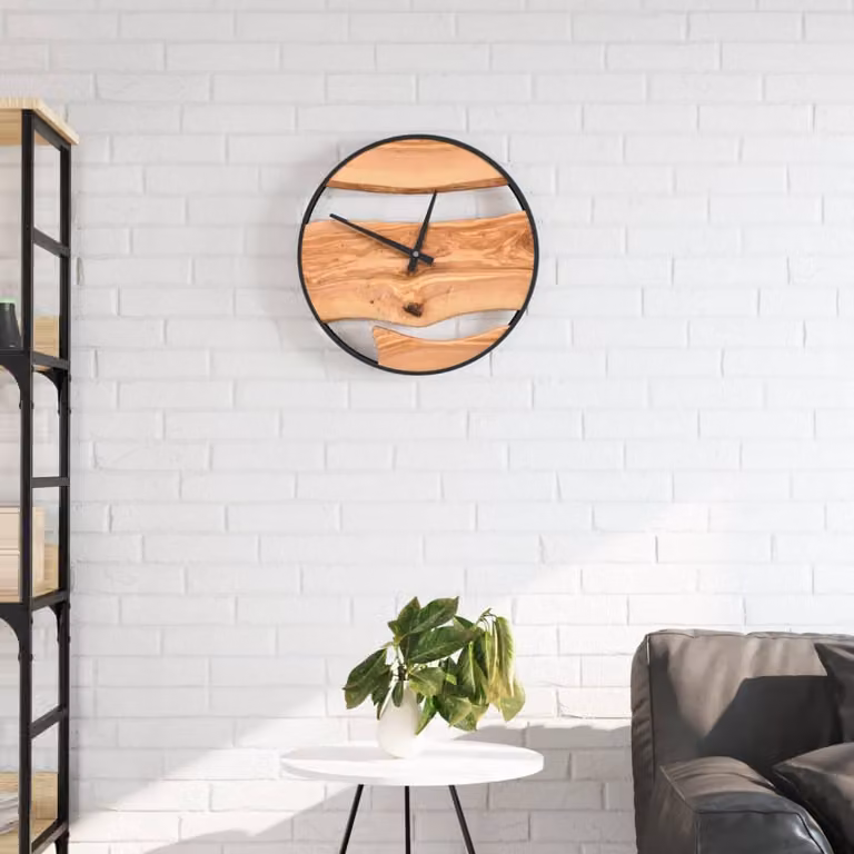 Orologio a Parete Analogico vidaXL in Legno di Ulivo e Ferro, Marrone, Ø 35 cm