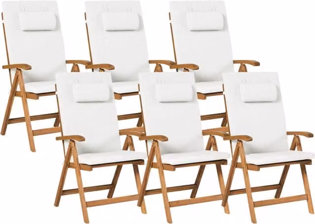 Set di 6 sedie da giardino pieghevoli BELIANI in legno di acacia oliato con cuscini bianchi e braccioli