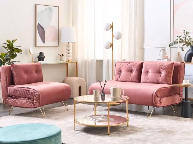 Set di 2 divani letto Beliani in velluto rosa con cuscini e gambe in metallo oro per soggiorno