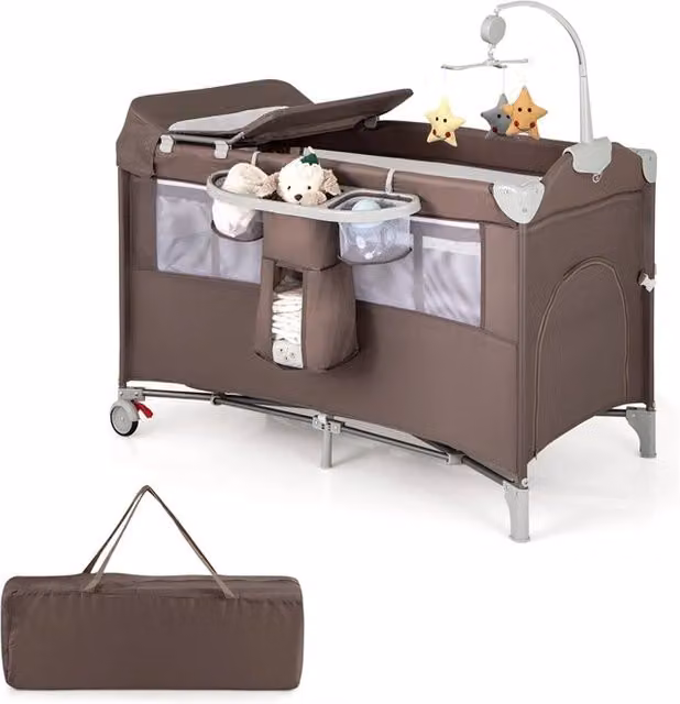 Lettino per bambini 5 in 1 con materasso fasciatoio carillon e 3 giocattoli appesi, Box multiuso Marrone