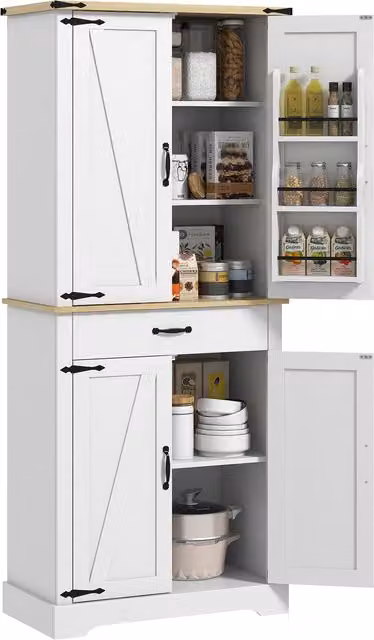 Credenza da cucina buffet HOMCOM bianca con 4 porte, 1 cassetto e ripiani regolabili, L 76,5 cm x P 40 cm x H 181 cm