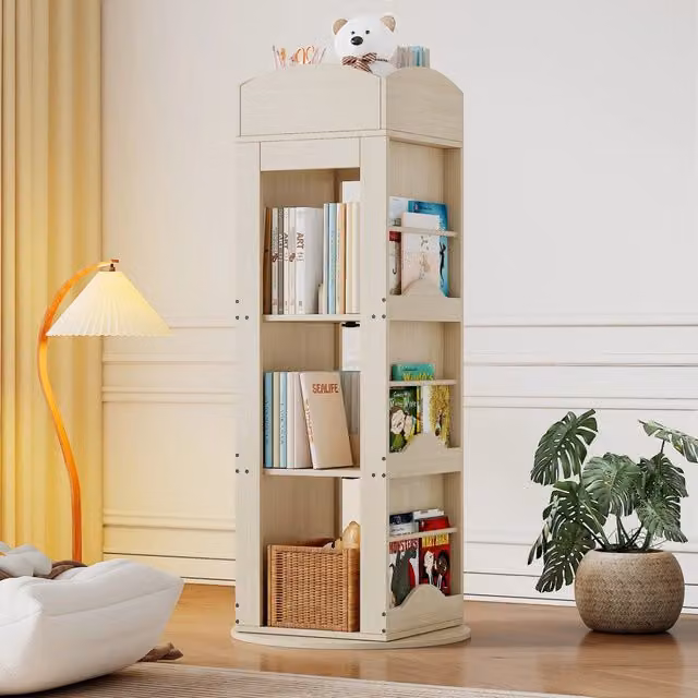 Libreria Girevole 360 Gradi per Bambini in Legno Naturale Beige e Marrone con Ripiani Regolabili H 142 x L 63 x P 63 cm