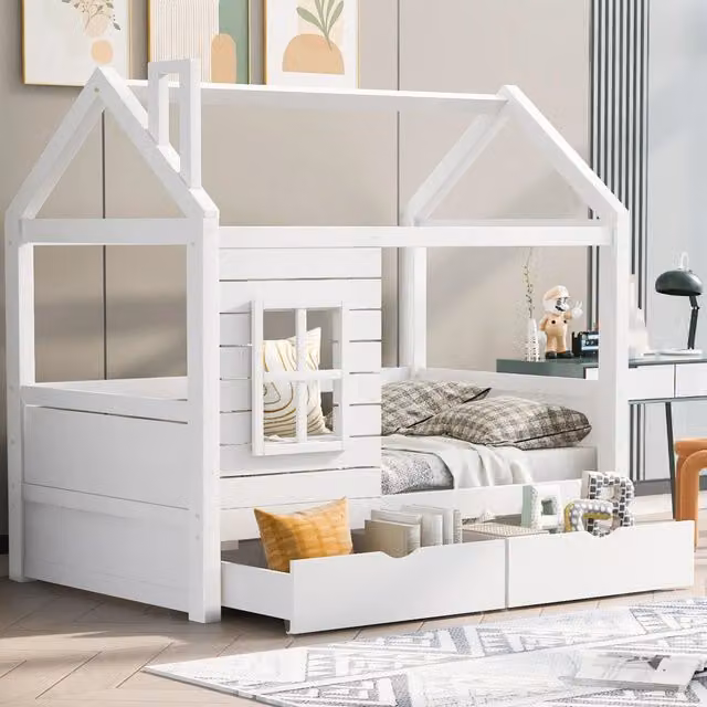 Letto per bambini WISHDOR in legno di pino bianco con struttura a casetta, sponde, rete a doghe e 2 cassetti contenitore, L/P/H: 160 x 80 x 150 cm