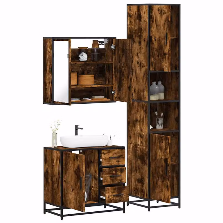 Set di mobili da bagno industrial vidaXL in legno e metallo color marrone composto da mobile lavabo, armadietto alto e pensile con specchio e illuminazione LED