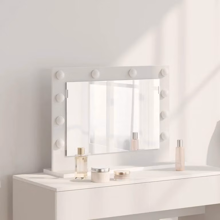 Specchio da vanità vidaXL bianco con luce LED e ricarica USB, design moderno rettangolare, L: 60 cm, P: 45 cm, H: 18 cm