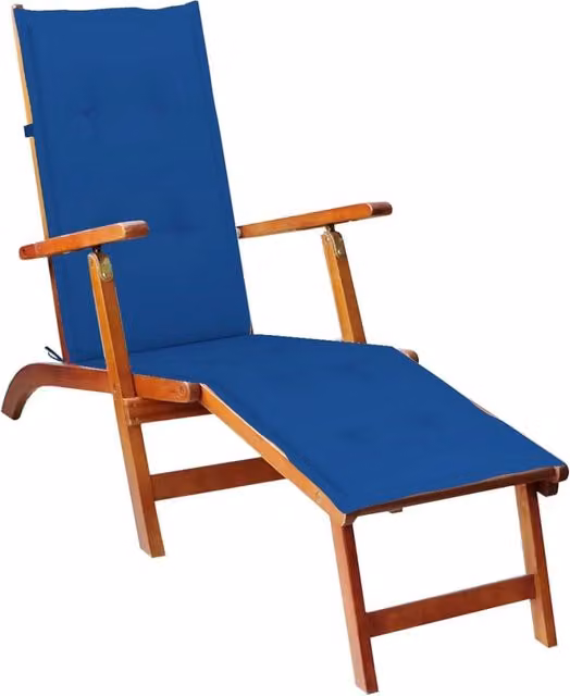 Lettino prendisole da esterno Outsunny in legno di acacia con poggiapiedi e cuscino blu