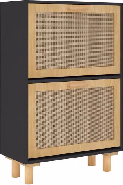 Scarpiera mobile contenitore in stile scandinavo con dettagli in rattan e legno, colore nero, ideale per ingresso, corridoio o soggiorno, L: 52 cm, P: 25 cm, H: 80 cm
