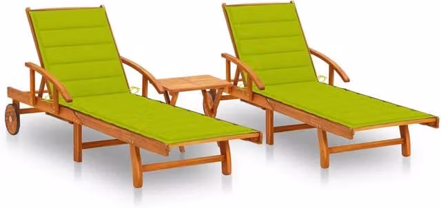 Set di 2 lettini prendisole Outsunny in legno di acacia con tavolo e cuscini verdi per giardino e terrazzo