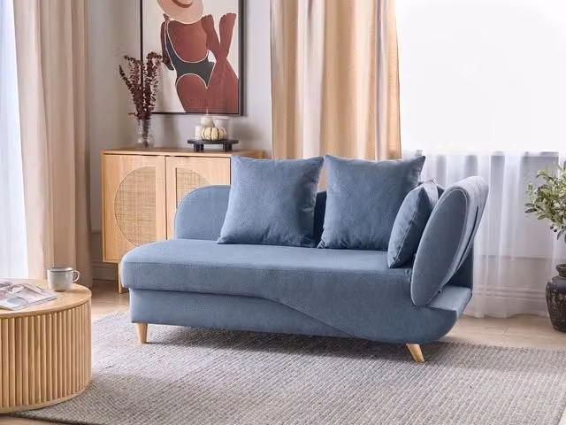 Chaise Longue BELIANI in tessuto blu con contenitore e funzione letto, design moderno per soggiorno, lato destro, L/P/H: 235 x 155 x 69 cm