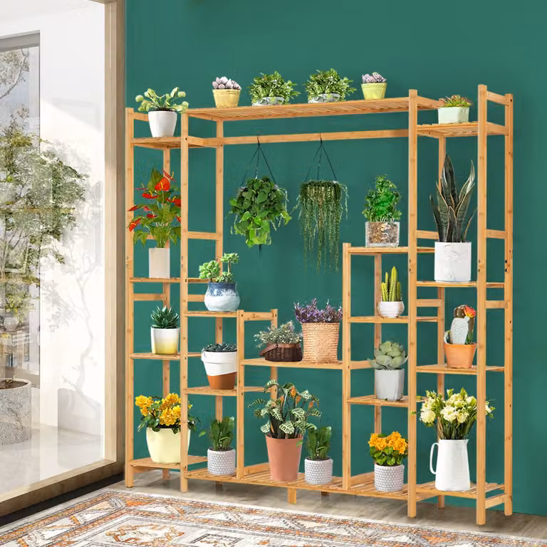 Scaffale per piante Costway in bambù a 9 livelli con barra per appendere, colore naturale, L/P/H: 167 x 30 x 166 cm