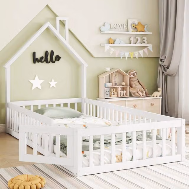 Letto Casetta per Bambini MINIMAL in Pino Bianco con Rete a Doghe L/P/H: 200 x 90 x 95 cm