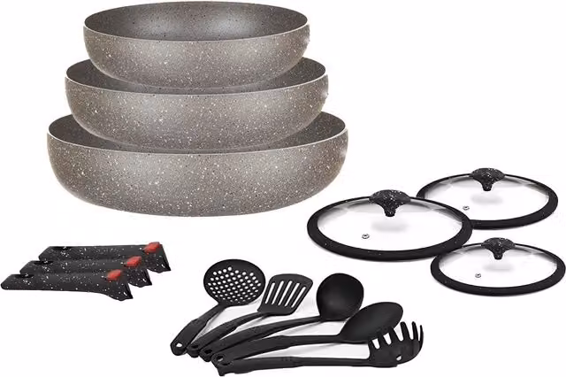 Set di 12 pezzi di padelle e coperchi Bavaria in alluminio grigio con rivestimento antiaderente e manici removibili per induzione
