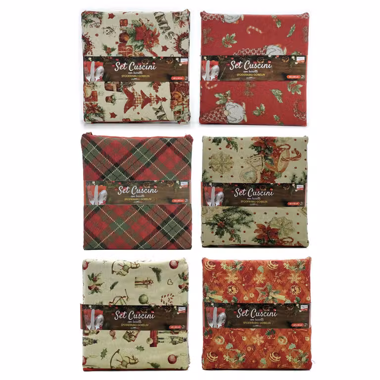 Vestiamo Casa Gran Natale - Set di 2 Cuscini Natalizi Gobelin Sfoderabili con Laccetti, Multicolore, 40 x 40 cm