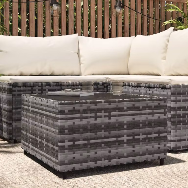 Tavolino Quadrato da Giardino vidaXL in Polyrattan e Vetro Grigio L/P/H: 50 x 50 x 30 cm