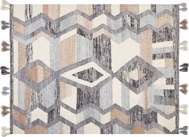 Tappeto Kilim Beliani multicolore in lana e cotone con motivo patchwork boho e frange L: 230 cm, P: 160 cm