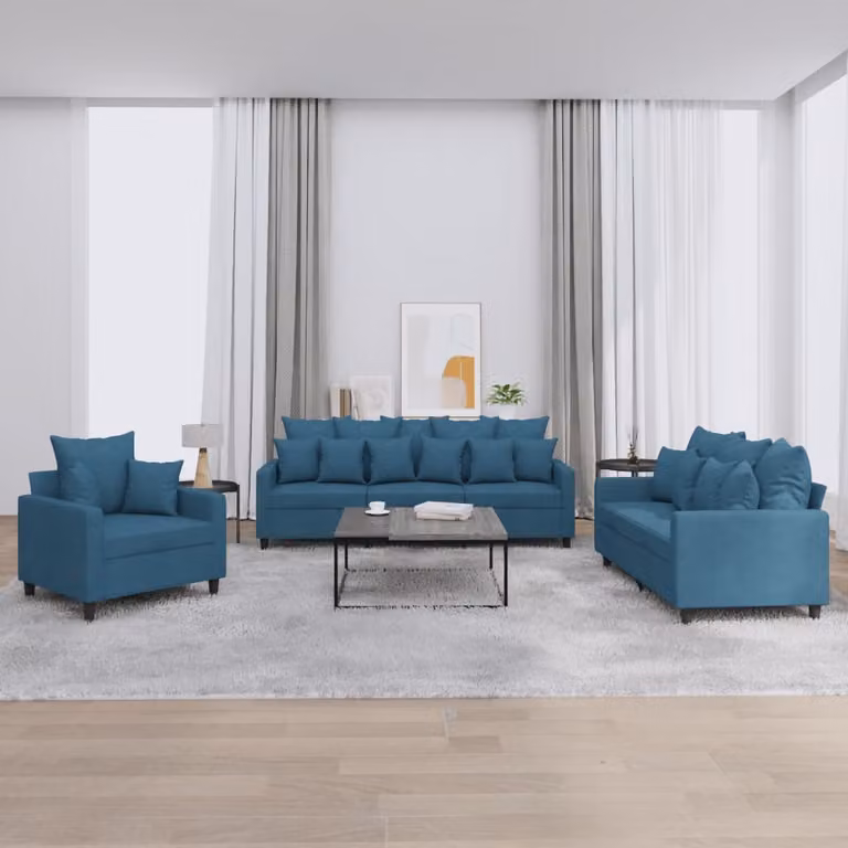 Set di divani 3 pezzi vidaXL in velluto blu con cuscini per soggiorno moderno