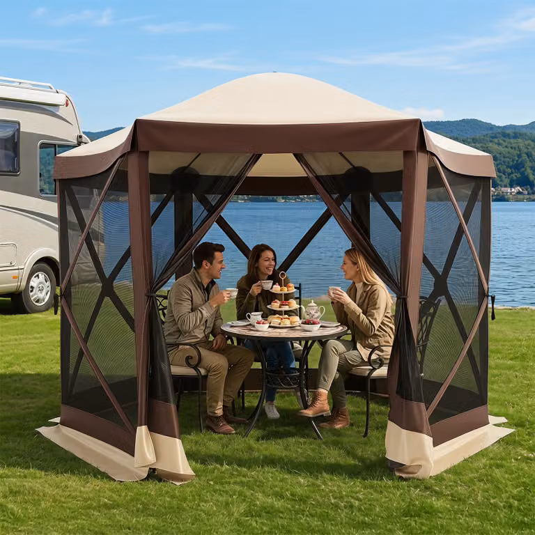 Gazebo da giardino pieghevole Costway marrone con telaio in fibra di vetro e pareti in rete