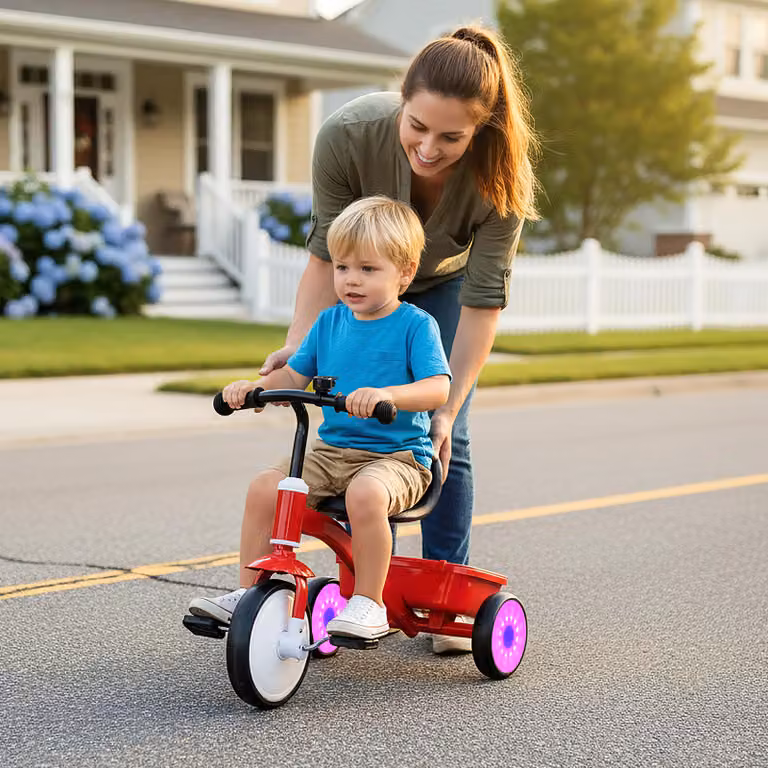 Triciclo per bambini Costway rosso con ruote luminescenti, sedile regolabile su 4 livelli e pedali rimovibili