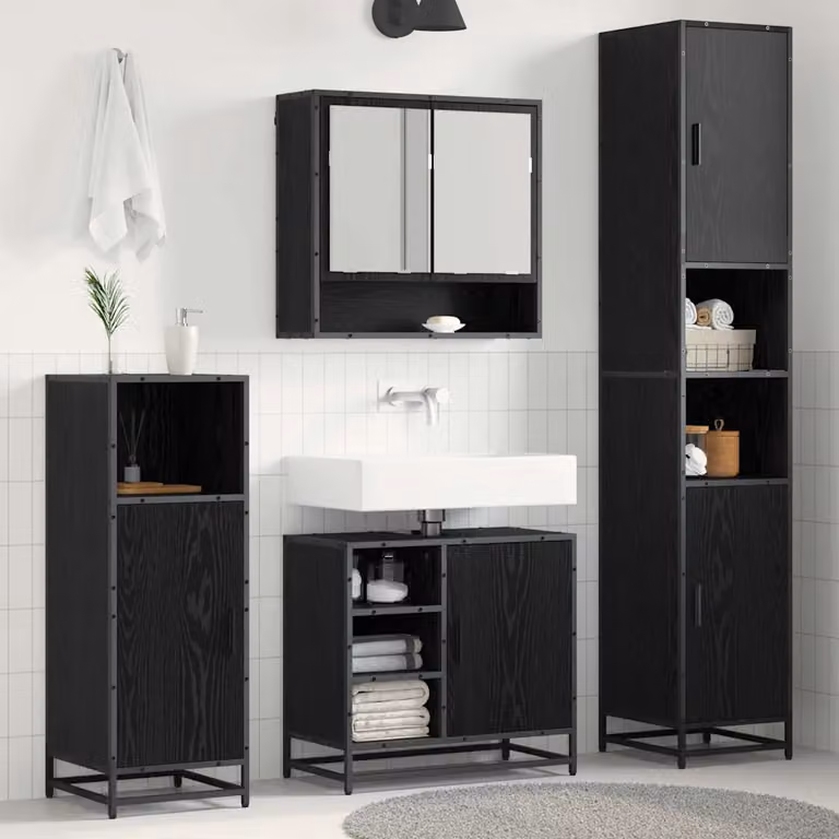 Set di mobili per il bagno moderno vidaXL in legno e metallo nero con specchio, mobile lavabo, mobile alto e mobile laterale