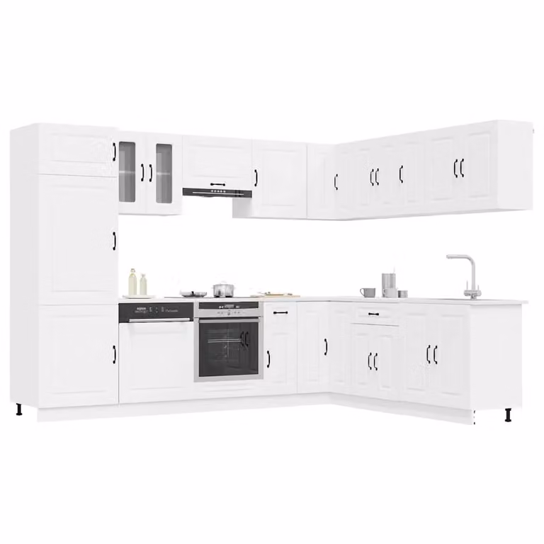 Set di mobili da cucina moderno vidaXL Kalmar composto da 14 pezzi in legno e vetro, colore bianco opaco