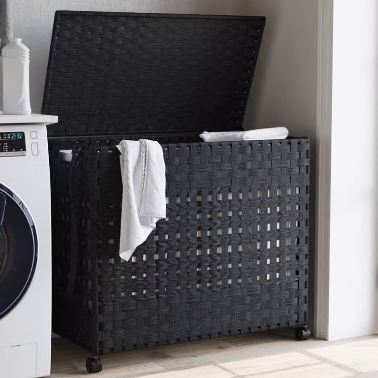 Cesto portabiancheria con ruote e coperchio vidaXL in rattan nero L: 66 cm, P: 35 cm, H: 60 cm