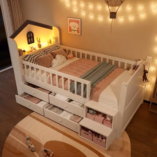 Letto semialto per bambini REDOM a forma di casa con LED, 4 cassetti e scala, colore bianco, L/P/H: 200 x 90 x 124,5 cm