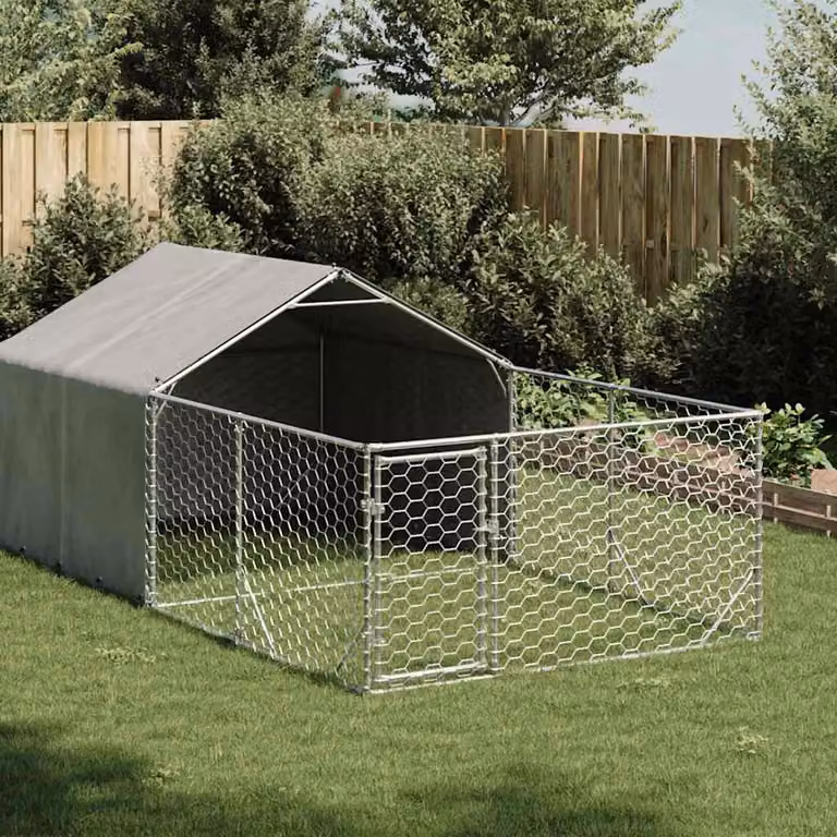 vidaXL Cuccia per Cani da Esterno con Recinto in Acciaio Zincato Grigio, L/P/H: 4 x 2 x 1,5 m