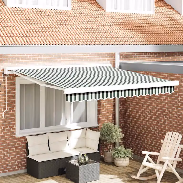 Tenda retrattile vidaXL con bracci pieghevoli in poliestere, Verde e Bianco, L: 350 cm, P: 250 cm, H: 165 cm