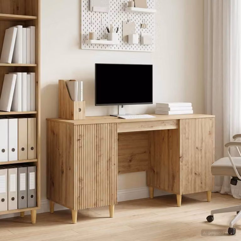 Scrivania moderna vidaXL in legno ingegnerizzato color rovere, L: 142,5 cm, P: 60 cm, H: 75 cm