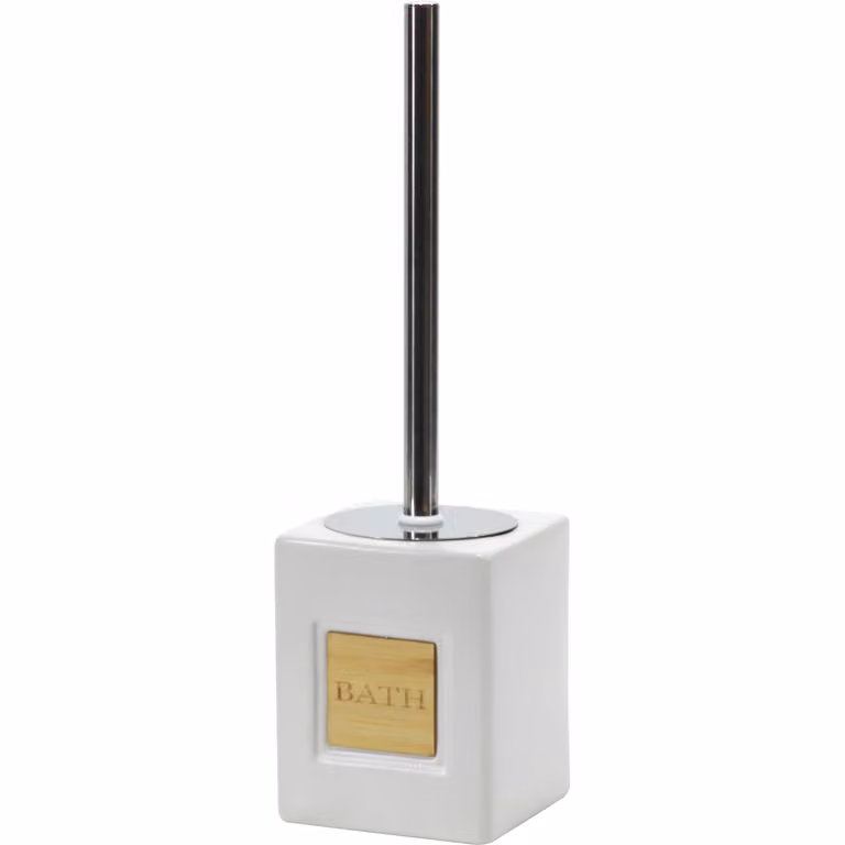 Portascopino con scopino Vestiamo Casa in bianco e bamboo con contenitore in ceramica e acciaio inox